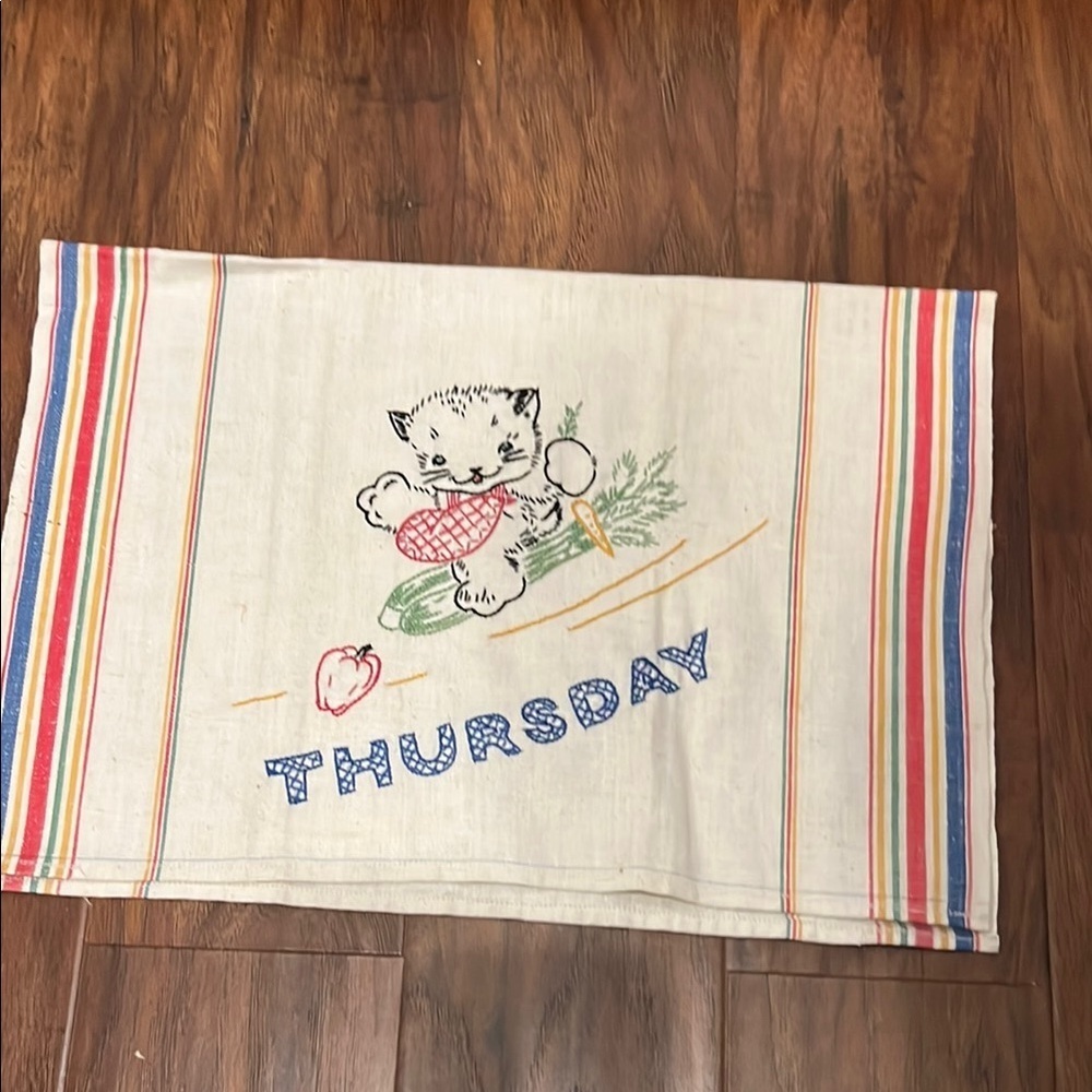 Vintage Days of the Week Tea Towel with Cat Embroidery